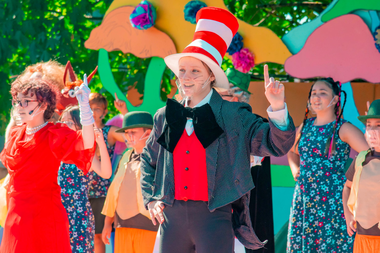 Ari Hannum plays Cat in the Hat during dress rehearsals for “Seussical Jr. the Musical” Wednesday morning at the Evergreen Playhouse in Centralia. The show, directed by Rich Garrett, is based on the works of Dr. Seuss.